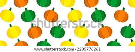 Autumn pumpkins are green, yellow and orange. Seamless pattern.