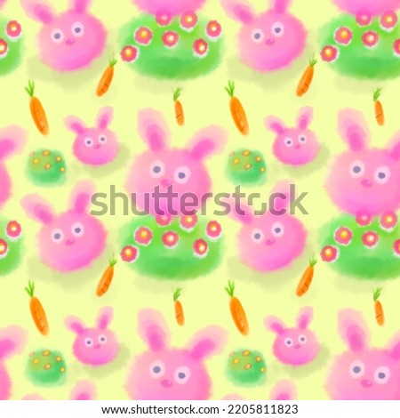 Seamless pattern of fluffy pink rabbits on white background with carrots, hand-drawn cute pink fluffy rabbits, green bush or shrub with flowers.