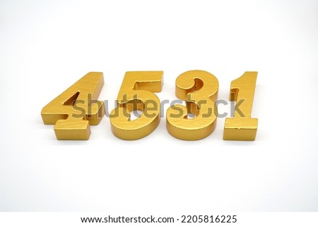     Number 4531 is made of gold-painted teak, 1 centimeter thick, placed on a white background to visualize it in 3D.                             
