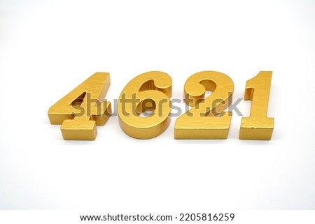   Number 4621 is made of gold-painted teak, 1 centimeter thick, placed on a white background to visualize it in 3D.                                    