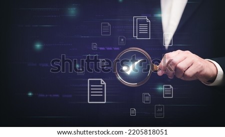 Businessman holding a magnifying glass with icons, steps review concept,Go through documents with checkbox lists, rules of conduct and policies,Company Articles of Association Terms and Conditions