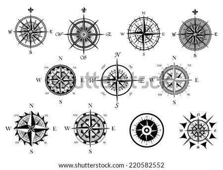 Vintage nautical or marine wind rose and compass icons set, for travel, navigation design  Royalty-Free Stock Photo #220582552