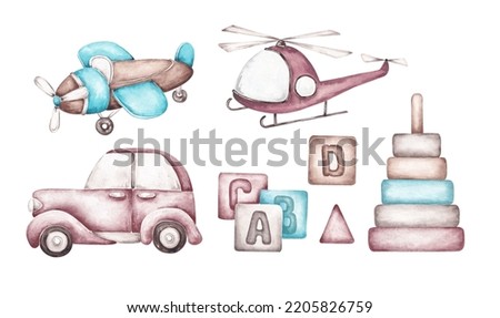 Kids illustrations set hand drawn by watercolor. Isolated on white background. Toys car, helicopter, plane, bricks, pyramid. Retro, vintage style