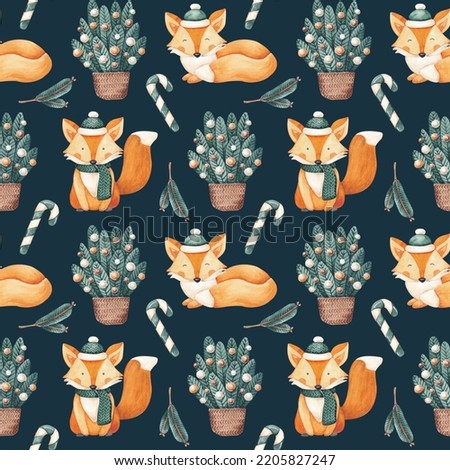 Christmas seamless pattern hand drawn by watercolour. Orange, green  colours. Isolated on blue background. Christmas, New Year design for kids textile, fabric, digital paper