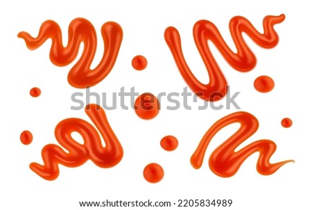 Ketchup sauce stains and splashes, vector tomato red splats and smears. Isolated 3d design of food condiment and spice. Realistic drops, splatters and blobs of sour vegetable paste and catsup set Royalty-Free Stock Photo #2205834989