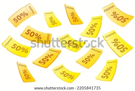Flying yellows coupons, vouchers, exchange. Discount, profitable purchases. 3d coupons. 3d vouchers. Vector illustration. For discounts, marketing and promotion.