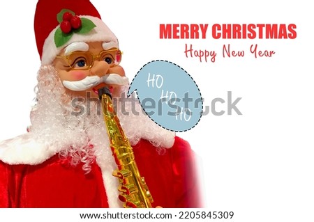 Santa Claus  blowing the jazz at Christmas time and laugh ho ho ho with copys pace for your text on white bacground,wallpaper,template,greeting card for new year.