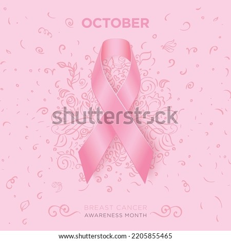 Realistic pink ribbon over pink background with shadow, with floral pattern behind,breast cancer awareness month in October. Vector illustration.