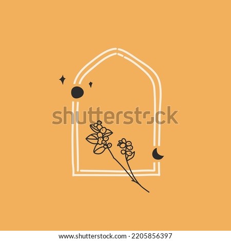Hand drawn vector abstract illustration with logo element,bohemian astrology magic minimalistic emblem of line arch portal with stars and leaves,simple style for branding.Moon and stars logo design.