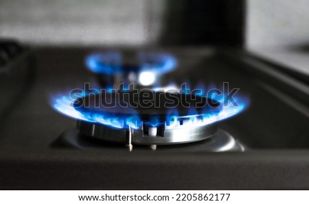 Close-up of a blue fire from a kitchen stove. two gas burners with a burning flame. economy concept