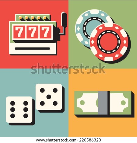 Vector illustration icon set of casino: slot machine, casino chips, dice, money
