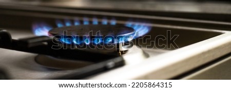 Close-up of a blue fire from a kitchen stove. two gas burners with a burning flame. economy concept.wide baner