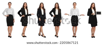 Collage with photos of hostess in uniform on white background. Banner design Royalty-Free Stock Photo #2205867121