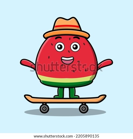 cute cartoon watermelon standing on skateboard with cartoon vector illustration style