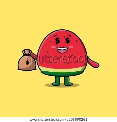 Cute cartoon Crazy rich watermelon with money bag shaped funny in modern design illustration