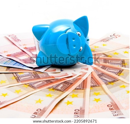  Blue piggy bank on banknotes in euro currency