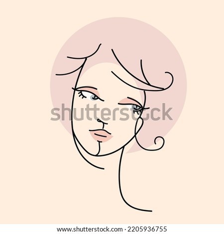 Line art woman face.Hair salon, beauty studio, makeup illustration.Fashion, cosmetics and spa icon isolated on light fund.Cute young lady portrait.Beautiful hairstyle model.Luxury,glamour logo.