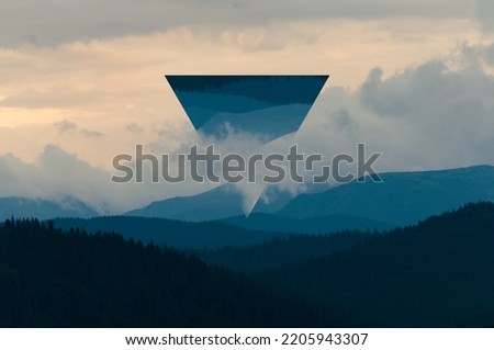 Abstract sky geometric background with polygons, mountains and clouds, polygonal cloudy landscape background, op art, height. Reality illusion. Stock photo