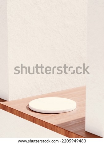 3d marble display podium on wooden floor against white