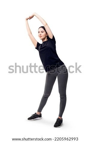 Young sporty woman does inclines. Isolated over white background. Full body length.
