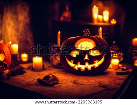 Halloween witch table with lighted pumpkins, skulls and candles, real horror scene, 3D rendering