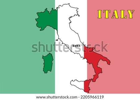 Italy: graphic illustration, from the silhouettes of Italy, in the colors of the flag, with writing "Italy" and indicated Rome as the capital, on a gradient flag background.	