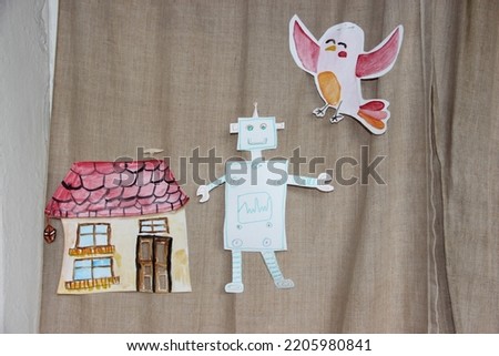 Watercolor paper characters decorating curtains. Watercolor illustrations.