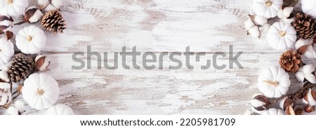 Autumn double border of white pumpkins and brown fall decor. Overhead view on a white wood background with copy space.