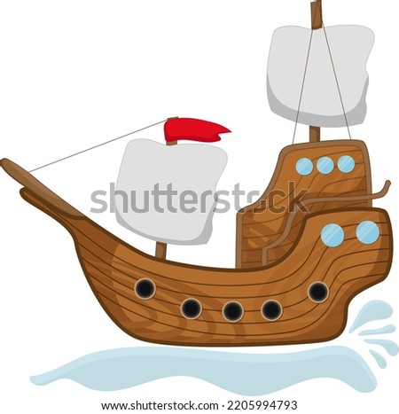 Cartoon wooden ship travel with white sails and flag. isolated on white background Flat style vector