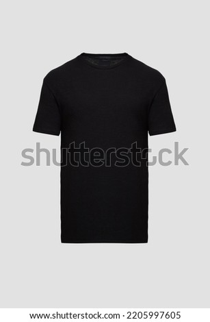 Ghost mannequin. Black men's T-shirt without human model isolated on white background. Classic blank tee shirt, short sleeve for male. 3d voluminous cloth. Template, mock up
