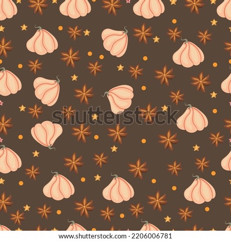 Autumn seamless pattern with cozy pumpkins and seasonal elements on a brown background.Hand drawn autumn pumpkins. Texture for scrapbooking, wrapping paper, invitations.