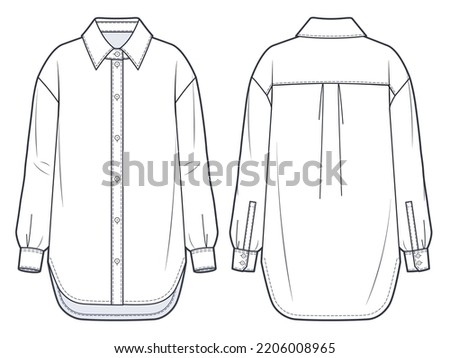 Unisex Basic Shirt technical fashion Illustration. Shirt fashion flat technical drawing template, button-down collar, cuffed long sleeves, relaxed fit, front, back view, white, unisex CAD mockup. Royalty-Free Stock Photo #2206008965