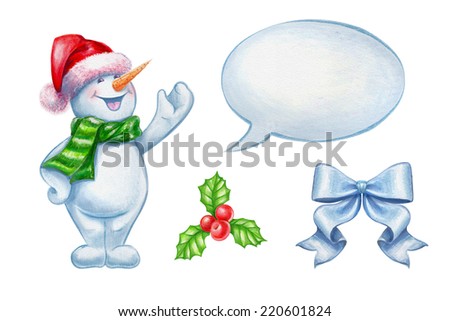 Christmas clip-art set isolated on white background, snowman, holly, bow, talking balloon watercolor illustration
