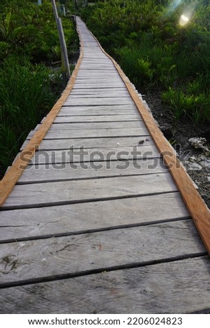 A bridge made of iron plank material in a rural area for hikers and explorers. The concept of connecting roads from natural materials is right to maintain the ecosystem needed for relaxation Royalty-Free Stock Photo #2206024823