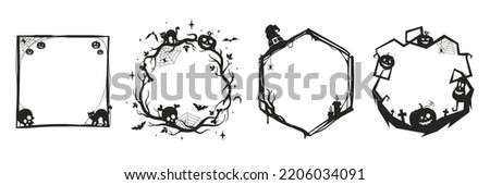 Halloween frames set with silhouettes of pumpkins, bats, spiderweb, tree branches. Halloween border collection isolated on white. Design element for card, poster, text decoration. Vector illustration.