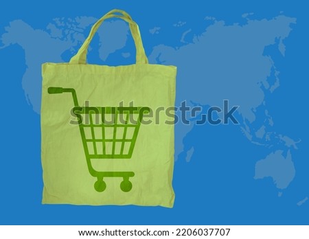 green shopping bag with grocery cart sign on world map background, trading concept, environmentally friendly plants, import, export, economic problems, food crisis, falling purchasing power