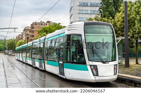 Modern city tram. Public transport in Paris, France Royalty-Free Stock Photo #2206046167