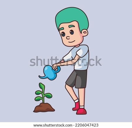 little boy watering the plants cartoon illustration