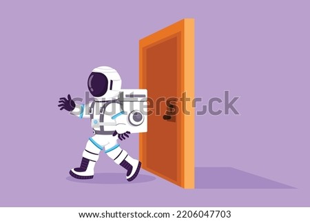 Cartoon flat drawing of young astronaut walking and leaving closed door in moon surface. Career growth or vision in new market metaphor. Cosmic galaxy space concept. Graphic design vector illustration