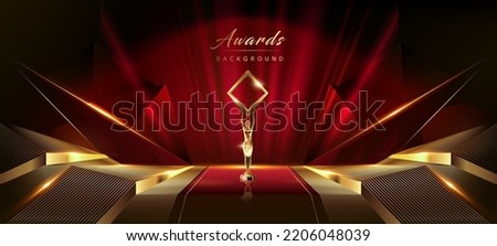 Red Maroon Golden Curtain Stage Award Background. Trophy on Red Carpet Luxury Background. Modern Abstract Design Template. LED Visual Motion Graphics. Wedding Marriage Invitation Poster. Royalty-Free Stock Photo #2206048039