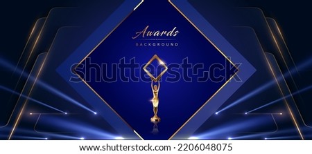 Blue Golden Diamond Stage Spotlight Award Background. Trophy on Luxury Background. Modern Abstract Design Template. LED Visual Motion Graphics. Wedding Marriage Invitation Poster. Certificate Design.