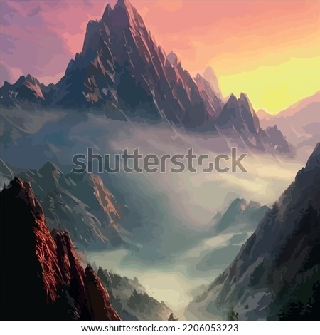 Realistic illustration of a mountain landscape with hills and coniferous forest under retro. Smoke mountains. vector landscape for your design. Magic hill silhouette.