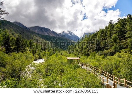 Walkway through the Beautiful Landscapes of Yading Nature Reserve in Autumn, Yading, Sichuan, China, cloudy sky, copy space for text, wallpaper, background
