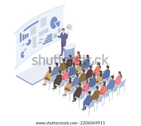 It is an isometric illustration of people attending popular business seminars. Royalty-Free Stock Photo #2206069911