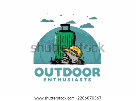 Illustration design of a skull head wearing a hat under a traveling suitcase