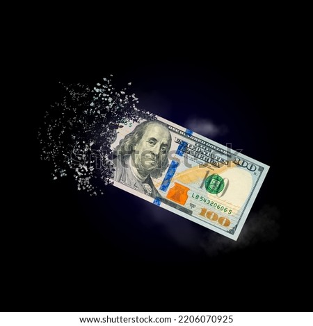 100 dollar bills scattered in the air. money inflation concept. the disappearance of banknotes, hyperinflation. financial crash, hundred dollar banknotes, high living costs. Royalty-Free Stock Photo #2206070925