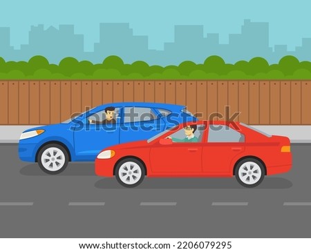 Driving tips and traffic regulation. Aggressive male driver yelling at other driver on road. Road rage scene. Flat vector illustration template. Royalty-Free Stock Photo #2206079295