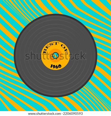 Decorative print with phonograph record and abstract stripes. Retro style 1960. Vector illustration. For covers and prints, advertising posters, packaging materials.