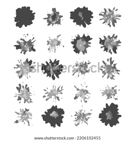 Abstract ink prints collection. Set of formless imprints, stains, splashes and spots. Black inky blots similar to viruses or bacteria. Pack of shapeless silhouettes. EPS8 vector illustration.