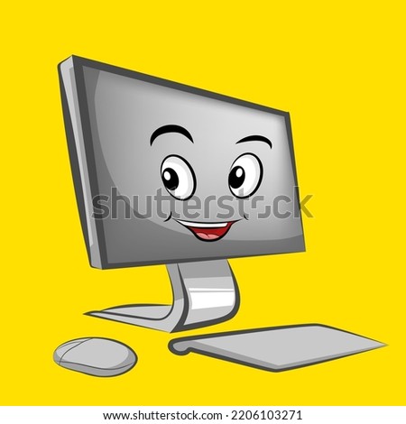 Smiling cute computer, clip art isolated on yellow background suitable for sticker print design, illustration or collection.